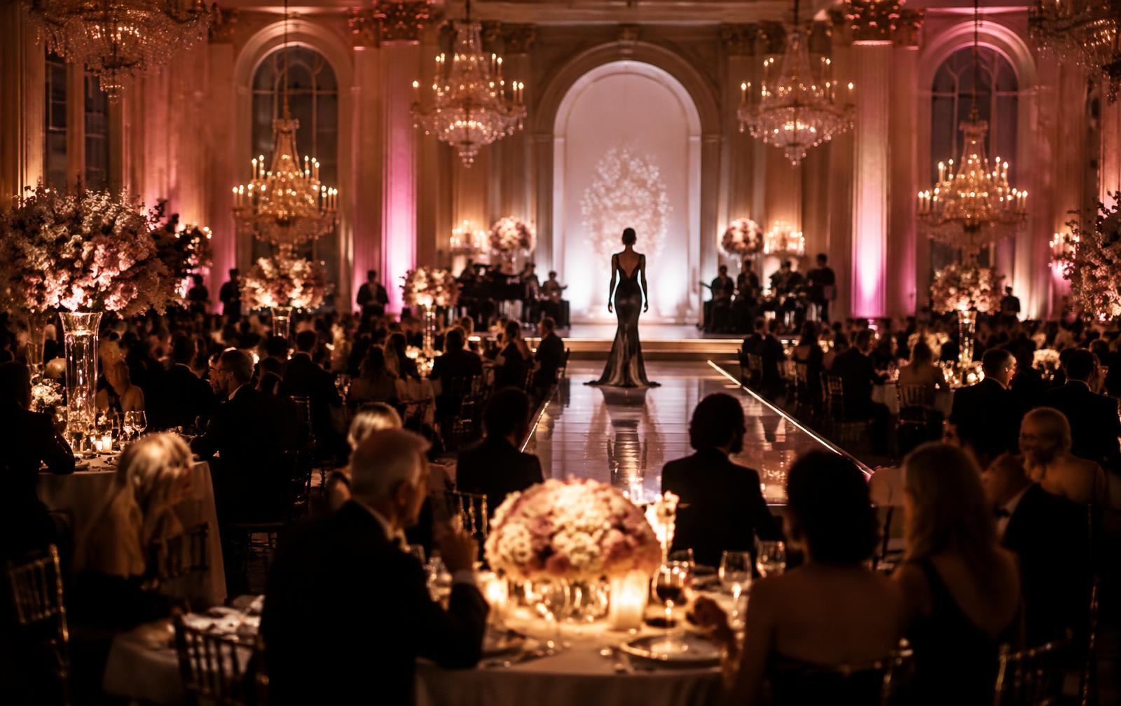 Gala dinner with a catwalk under pink and gold lights